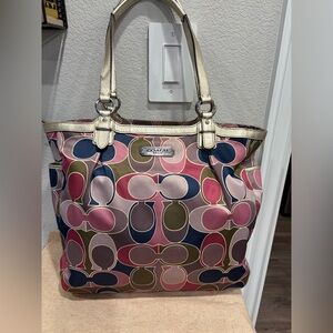 Coach Signature Scarf Sateen Gold Trim Satin Handbag Tote